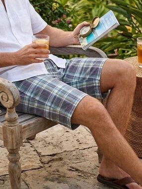 Tommy Bahama 38 Plaid Flat Front Chino Shorts Cotton Blue Gray Yellow